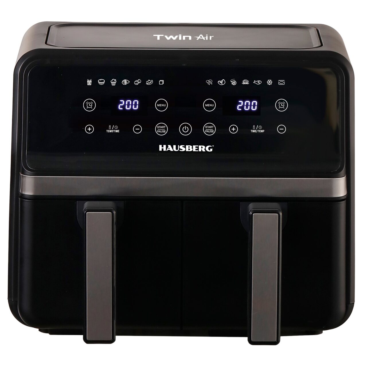 Friteuza dubla cu aer cald HAUSBERG HB-2373NG, 2200-2400W, capacitate 8.4L, termostat reglabil cu afisaj LED, control digital individual, 14 programe prestabilite, temporizator 60 min, ventilator de racire, Negru