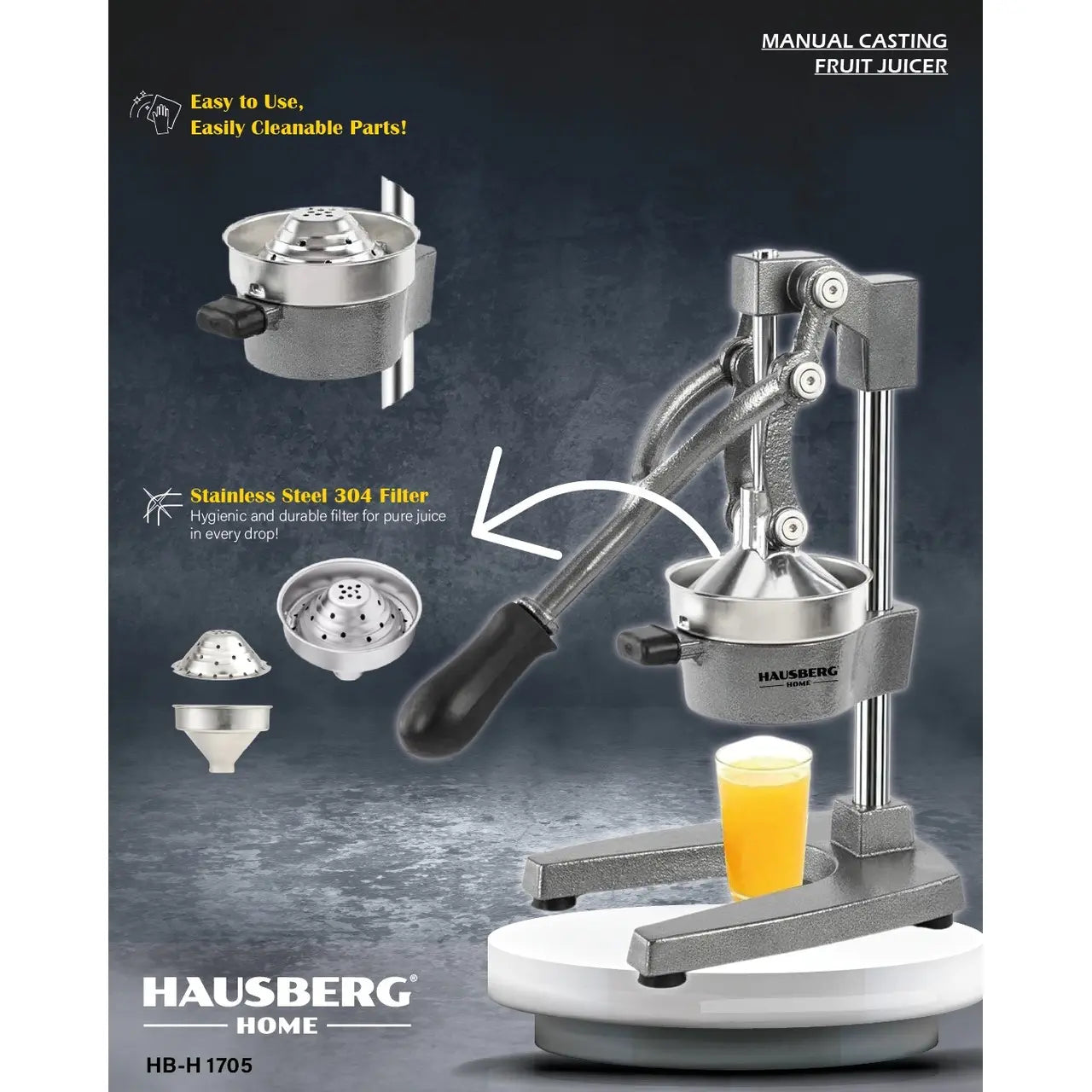 Storcator tip Presa Manuala de Citrice Hausberg HB-H1705, din fonta + otel inoxidabil 304, maner antiderapant