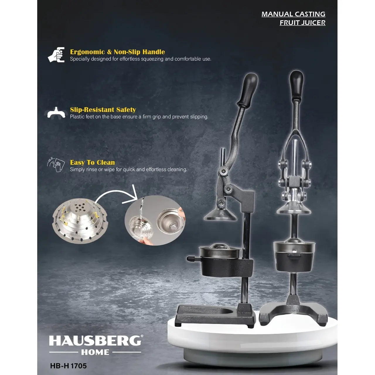 Storcator tip Presa Manuala de Citrice Hausberg HB-H1705, din fonta + otel inoxidabil 304, maner antiderapant