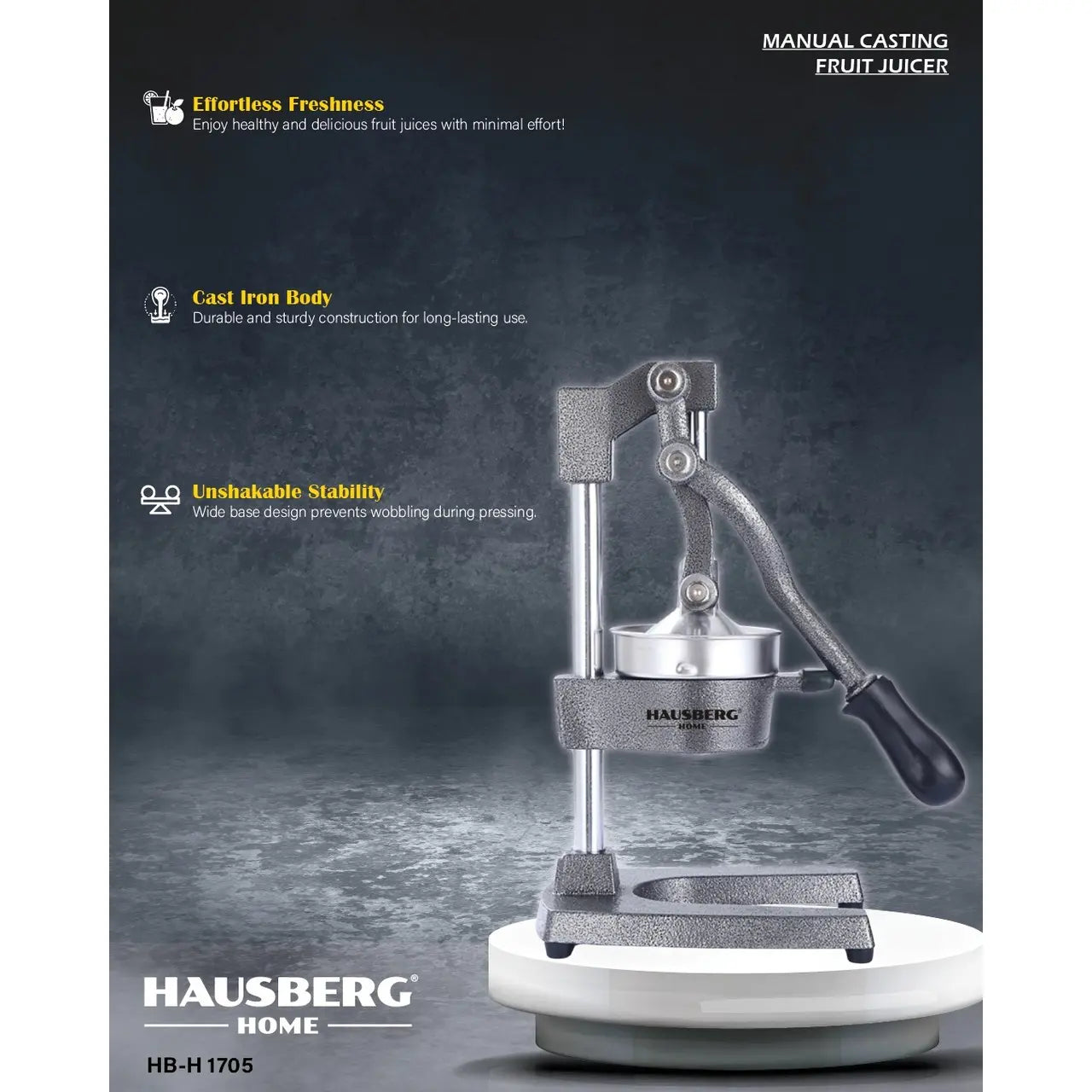 Storcator tip Presa Manuala de Citrice Hausberg HB-H1705, din fonta + otel inoxidabil 304, maner antiderapant