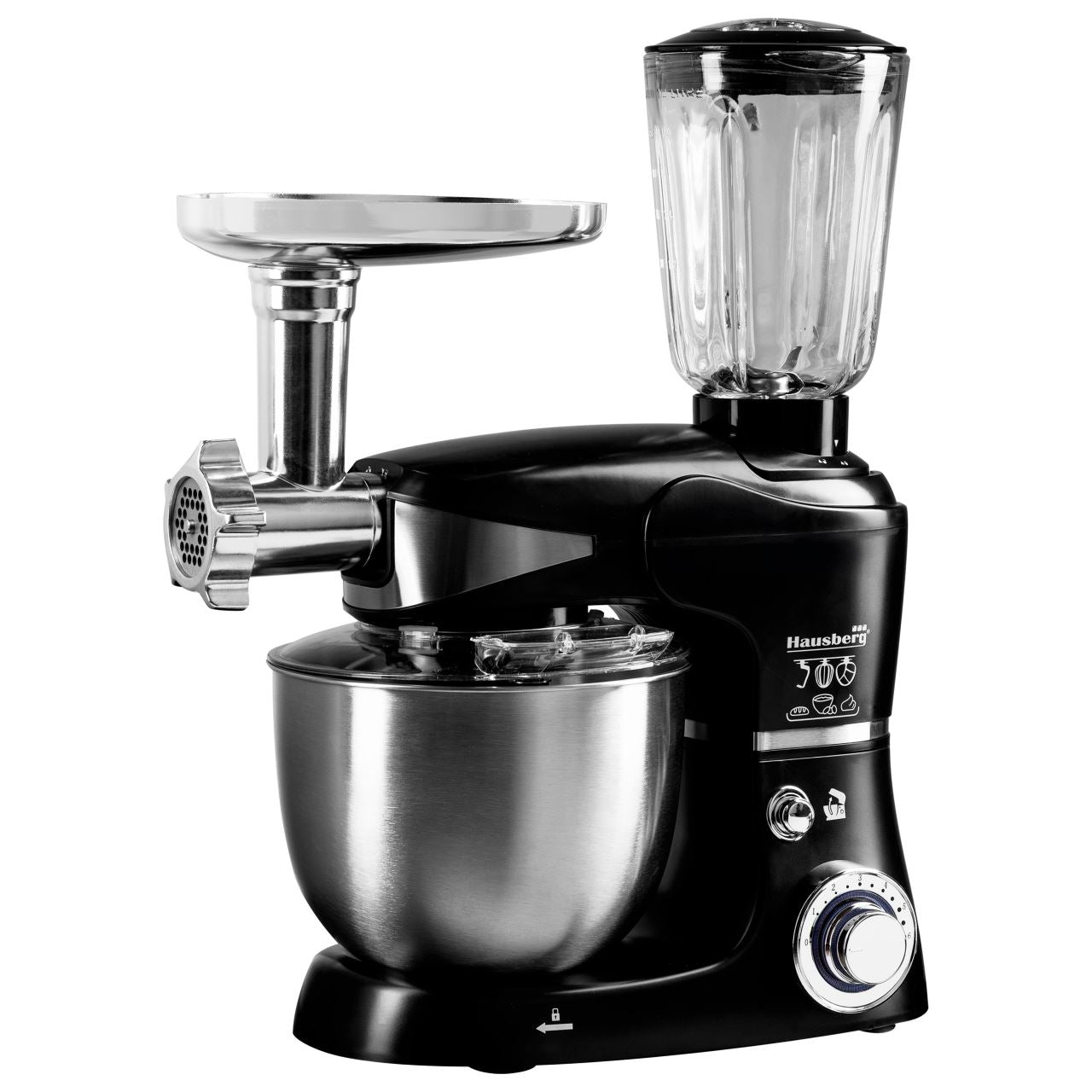 Robot de bucatarie multifunctional All-in-one Hausberg HB-7605, 1000 W, mixer/blender/tocat carne, Negru