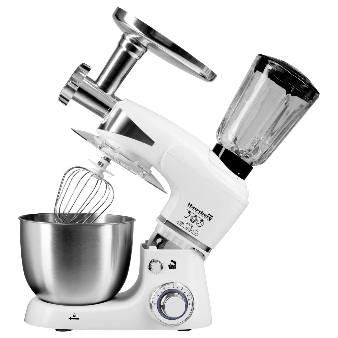 Robot de bucatarie multifunctional All-in-one Hausberg HB-7605AB, 1000 W, mixer/blender/tocat carne, Alb