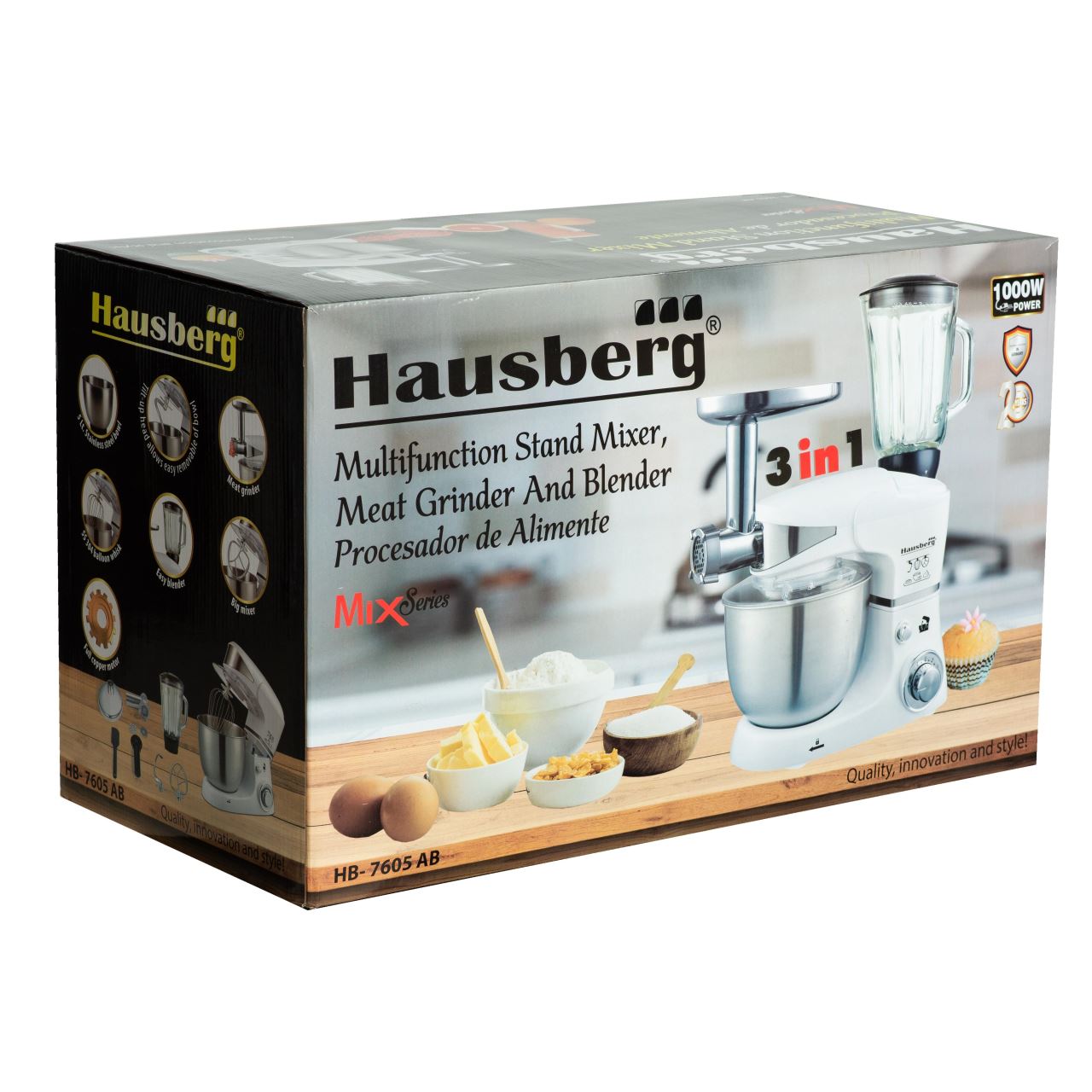 Robot de bucatarie multifunctional All-in-one Hausberg HB-7605AB, 1000 W, mixer/blender/tocat carne, Alb