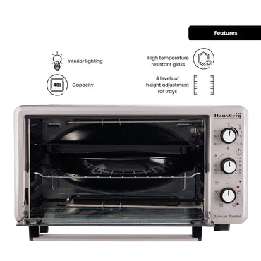 Cuptor Electric cu Ventilator HAUSBERG HB-8015, 1800 W, Geam dublu, 48L, Lumina interioara, Timer, 5 Programe gatire, Termostat reglabil 250 grade, Inox/Negru