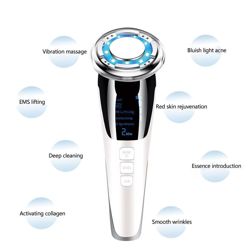 Aparat Facial 5 in 1 cu EMS, RF si LED Multicolor, Masaj Vibratii, Reincarcabil USB, pentru Fata si Gat, Viacare