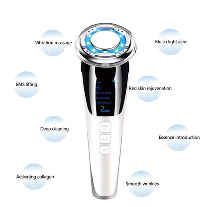 Aparat Facial 5 in 1 cu EMS, RF si LED Multicolor, Masaj Vibratii, Reincarcabil USB, pentru Fata si Gat, Viacare