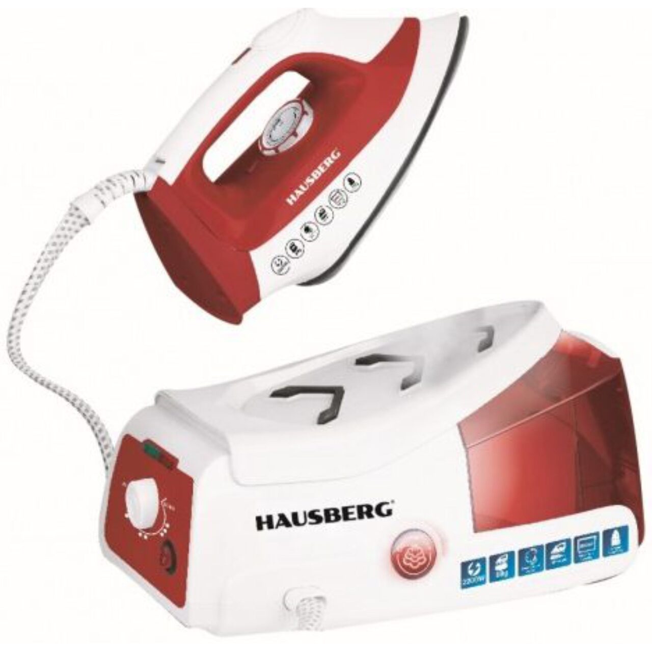 Statie de calcat HAUSBERG HB-7920RS, 2200W, 68g/min, 1000ml, anti-calcar, termostat, talpa ceramica, Rosu-Alb