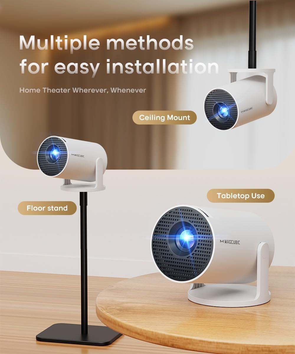 Mini Proiector Portabil Smart 4K, WiFi 6 și Bluetooth 5.4 — cu Aplicații Încorporate, Corecție Automată Keystone, Rotire 180°