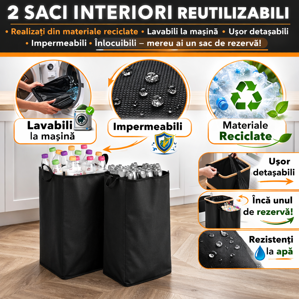 Cos multifunctional 100L pentru reciclare sticle PET si depozitare rufe, cadru elegant din bambus, sac textil detasabil, ideal pentru baie, bucatarie sau balcon