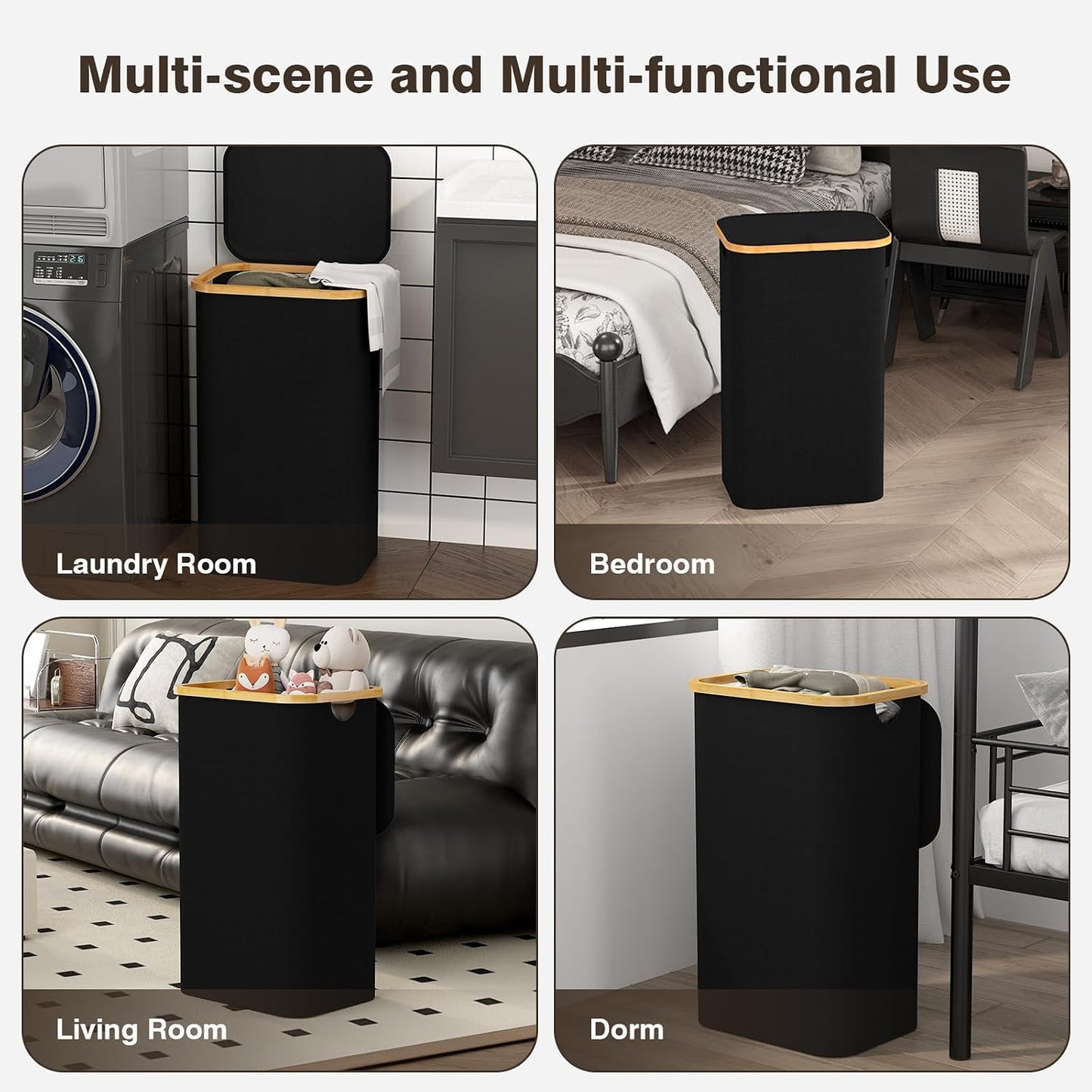 Coș de Rufe 100L cu Capac, Sac Interior Detașabil și Mânere din Bambus – Negru