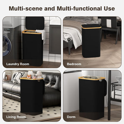 Coș de Rufe 100L cu Capac, Sac Interior Detașabil și Mânere din Bambus – Negru