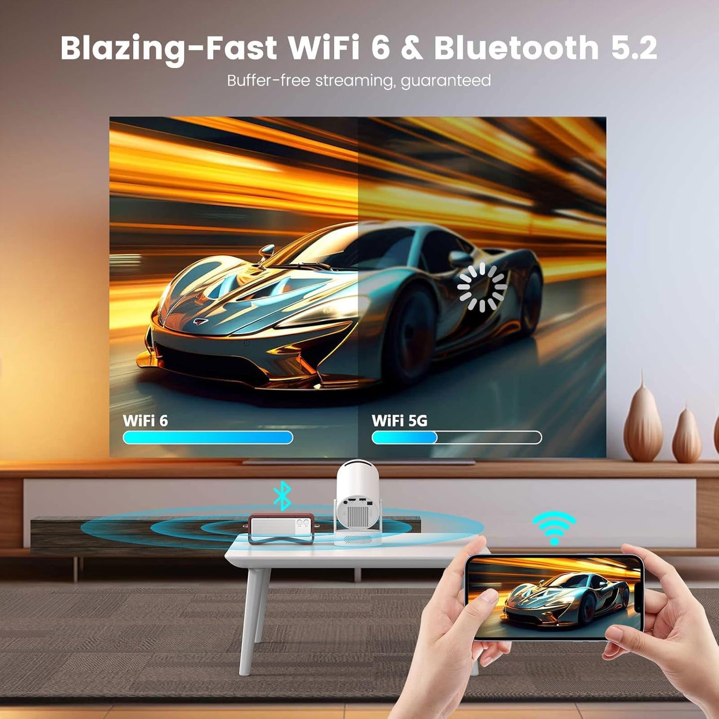 Mini Proiector Portabil Smart 4K, WiFi 6 și Bluetooth 5.4 — cu Aplicații Încorporate, Corecție Automată Keystone, Rotire 180°