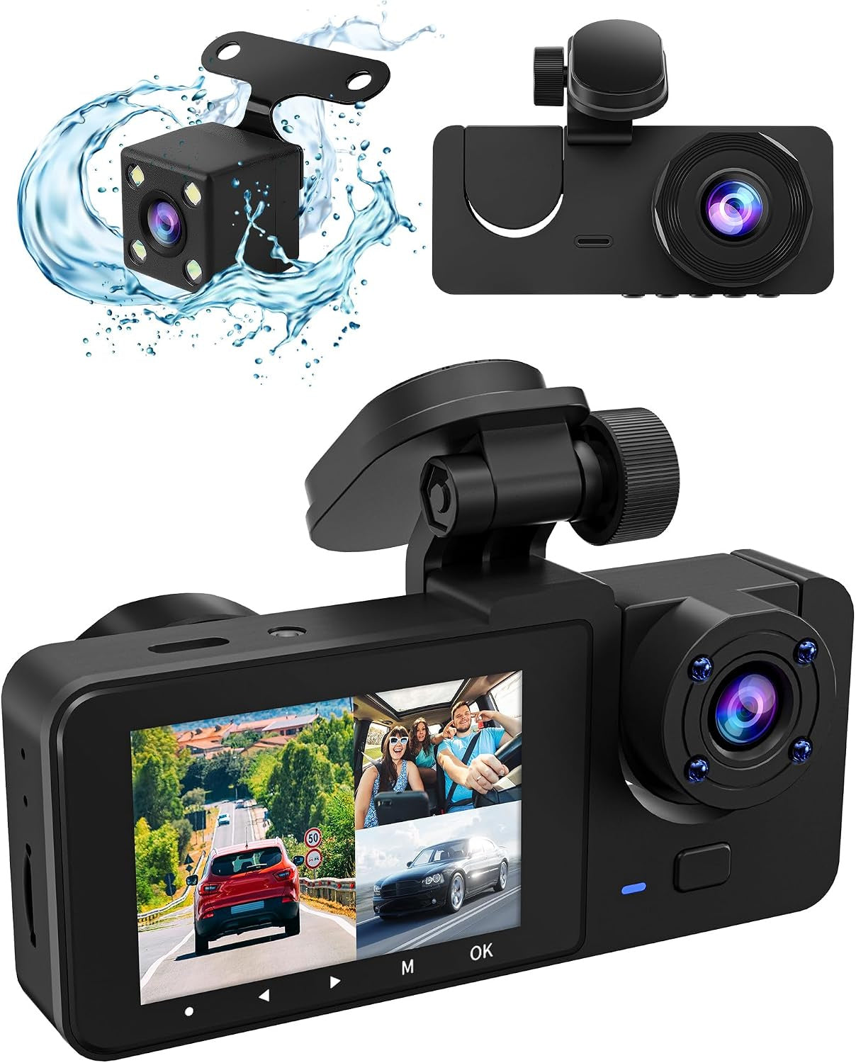 Cameră Auto DVR 3 Canale 4K + 1080P, Față, Interior și Spate, Ecran IPS 2", G-Sensor, Înregistrare în Buclă, Monitorizare Parcare 24H