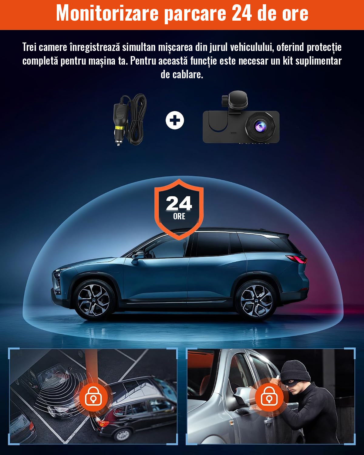 Cameră Auto DVR 3 Canale 4K + 1080P, Față, Interior și Spate, Ecran IPS 2", G-Sensor, Înregistrare în Buclă, Monitorizare Parcare 24H