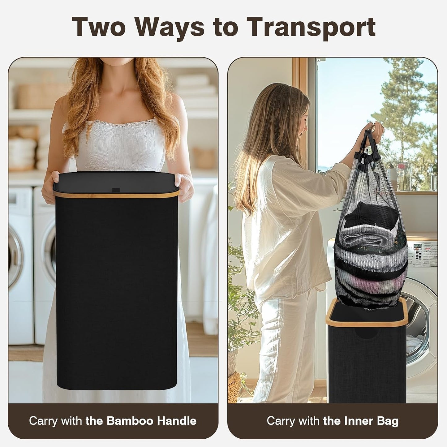 Coș de Rufe 100L cu Capac, Sac Interior Detașabil și Mânere din Bambus – Negru