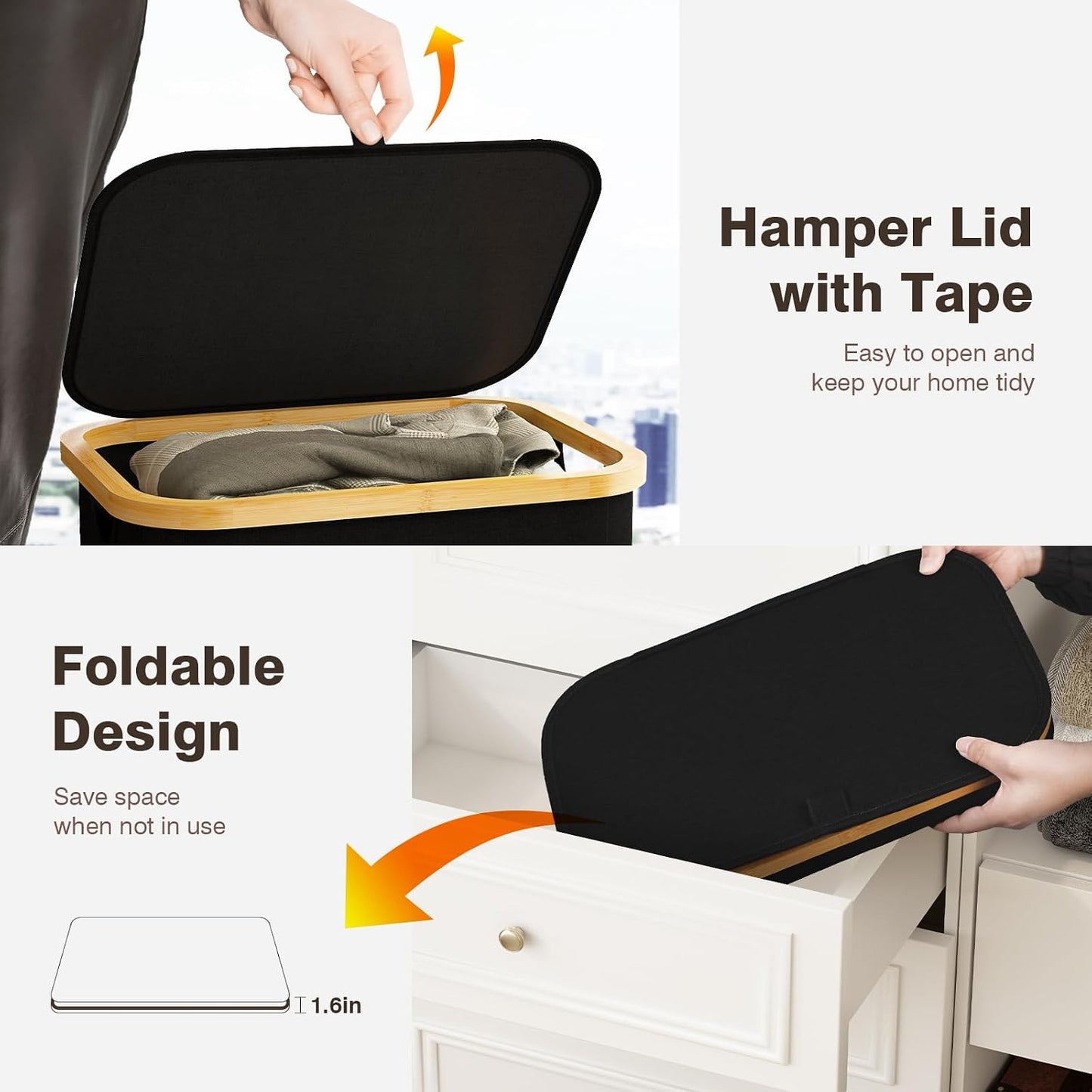 Coș de Rufe 100L cu Capac, Sac Interior Detașabil și Mânere din Bambus – Negru