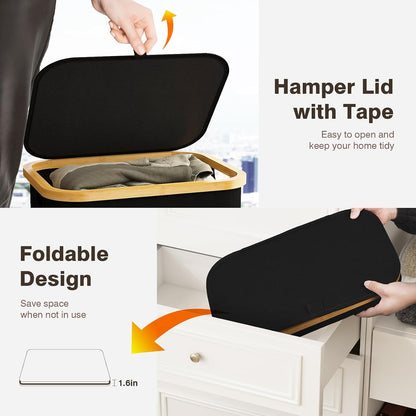Coș de Rufe 100L cu Capac, Sac Interior Detașabil și Mânere din Bambus – Negru