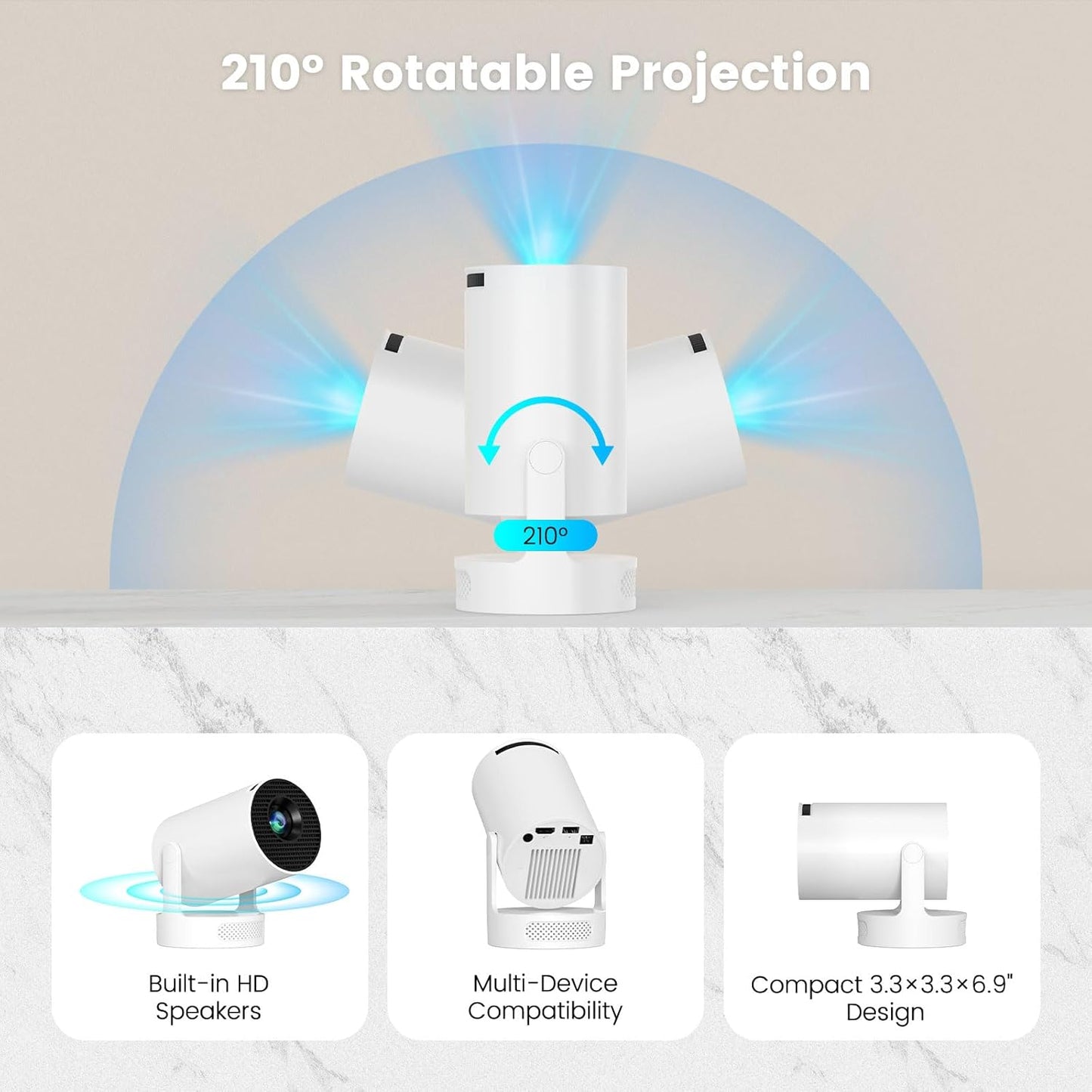 Mini Proiector Portabil Smart 4K, WiFi 6 și Bluetooth 5.4 — cu Aplicații Încorporate, Corecție Automată Keystone, Rotire 180°