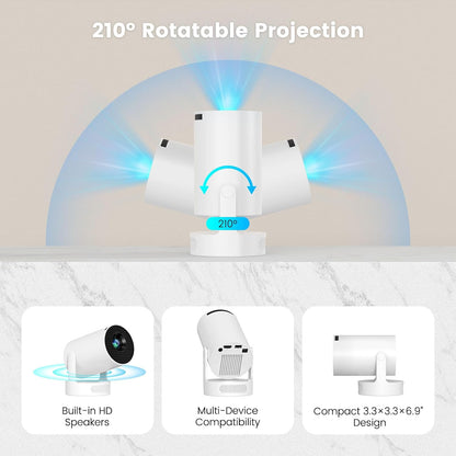 Mini Proiector Portabil Smart 4K, WiFi 6 și Bluetooth 5.4 — cu Aplicații Încorporate, Corecție Automată Keystone, Rotire 180°
