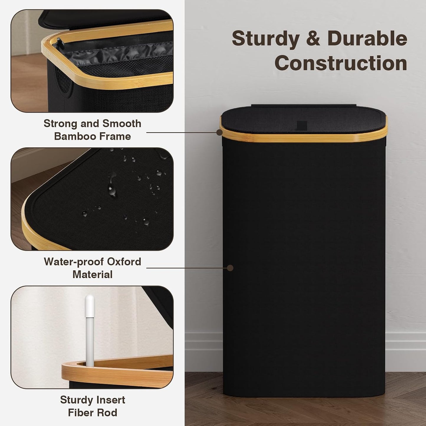 Coș de Rufe 100L cu Capac, Sac Interior Detașabil și Mânere din Bambus – Negru
