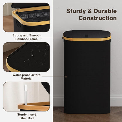 Coș de Rufe 100L cu Capac, Sac Interior Detașabil și Mânere din Bambus – Negru