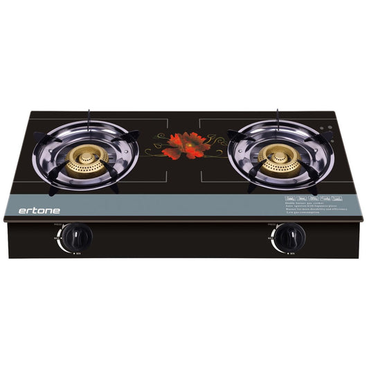Aragaz ERTONE MN-1102 din sticla securizata, 2 Arzatoare din fonta, aprindere pe quartz, negru