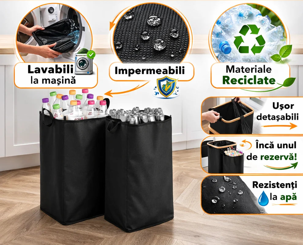 Cos multifunctional 100L pentru reciclare sticle PET si depozitare rufe, cadru elegant din bambus, sac textil detasabil, ideal pentru baie, bucatarie sau balcon