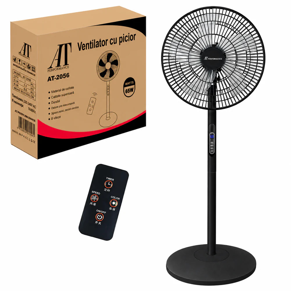Ventilator cu Picior AT PERFORMANCE® AT-2056, 65W, Telecomandă, 8 Viteze, Oscilație, Display LED, Silentios