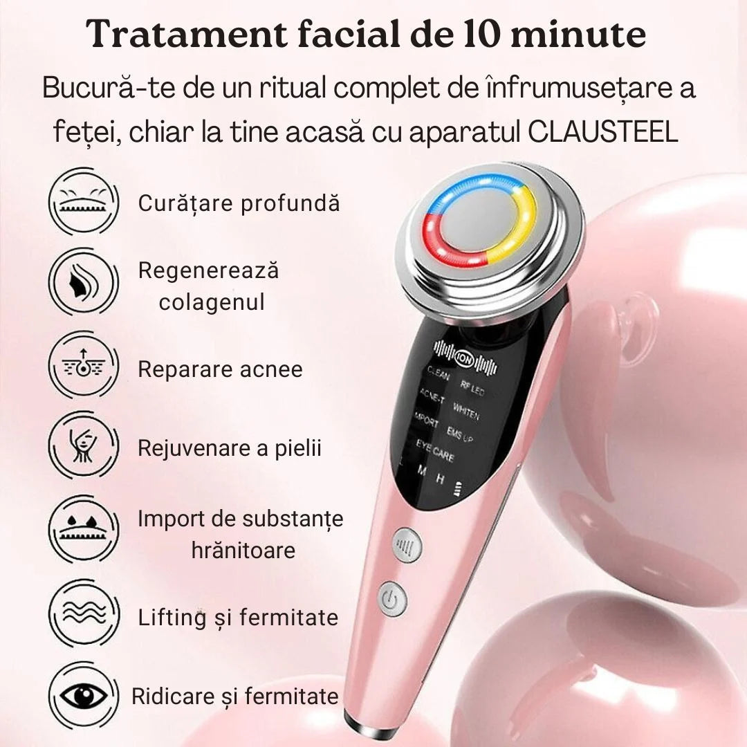 Aparat de Infrumusetare Faciala 7 in 1 cu LED (7 Culori) si EMS, Terapie cu Lumina Rosie pentru Fata si Gat, Masaj Facial cu Vibratii si Incalzire, Anti-Rid si Lifting, Portabil cu Baza, Alb
