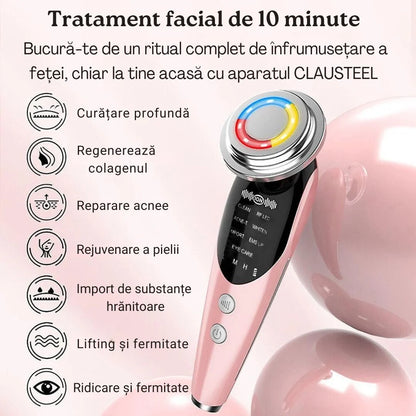 Aparat de Infrumusetare Faciala 7 in 1 cu LED (7 Culori) si EMS, Terapie cu Lumina Rosie pentru Fata si Gat, Masaj Facial cu Vibratii si Incalzire, Anti-Rid si Lifting, Portabil cu Baza, Alb