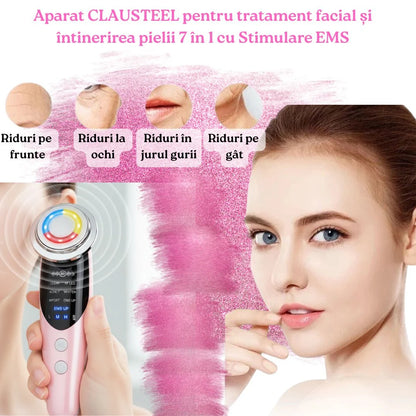 Aparat de Infrumusetare Faciala 7 in 1 cu LED (7 Culori) si EMS, Terapie cu Lumina Rosie pentru Fata si Gat, Masaj Facial cu Vibratii si Incalzire, Anti-Rid si Lifting, Portabil cu Baza, Alb