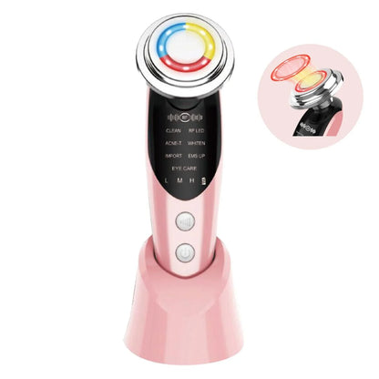 Aparat de Infrumusetare Faciala 7 in 1 cu LED (7 Culori) si EMS, Terapie cu Lumina Rosie pentru Fata si Gat, Masaj Facial cu Vibratii si Incalzire, Anti-Rid si Lifting, Portabil cu Baza, Alb