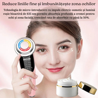 Aparat de Infrumusetare Faciala 7 in 1 cu LED (7 Culori) si EMS, Terapie cu Lumina Rosie pentru Fata si Gat, Masaj Facial cu Vibratii si Incalzire, Anti-Rid si Lifting, Portabil cu Baza, Alb