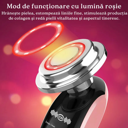 Aparat de Infrumusetare Faciala 7 in 1 cu LED (7 Culori) si EMS, Terapie cu Lumina Rosie pentru Fata si Gat, Masaj Facial cu Vibratii si Incalzire, Anti-Rid si Lifting, Portabil cu Baza, Alb