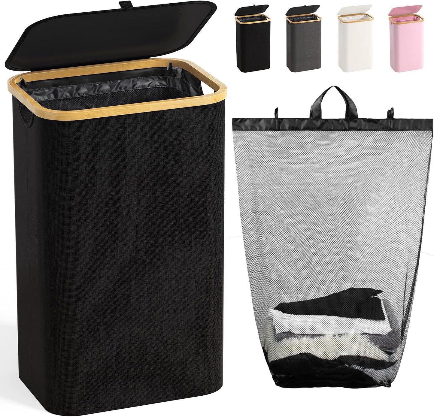 Coș de Rufe 100L cu Capac, Sac Interior Detașabil și Mânere din Bambus – Negru