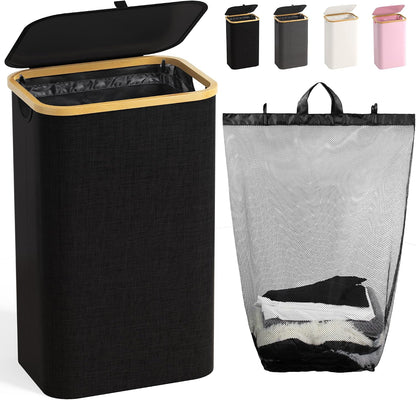 Coș de Rufe 100L cu Capac, Sac Interior Detașabil și Mânere din Bambus – Negru