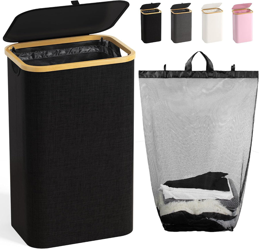 Coș de Rufe 100L cu Capac, Sac Interior Detașabil și Mânere din Bambus, Negru