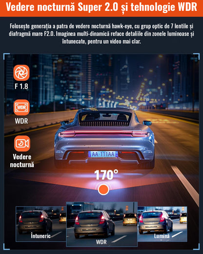 Cameră Auto DVR 3 Canale 4K + 1080P, Față, Interior și Spate, Ecran IPS 2", G-Sensor, Înregistrare în Buclă, Monitorizare Parcare 24H