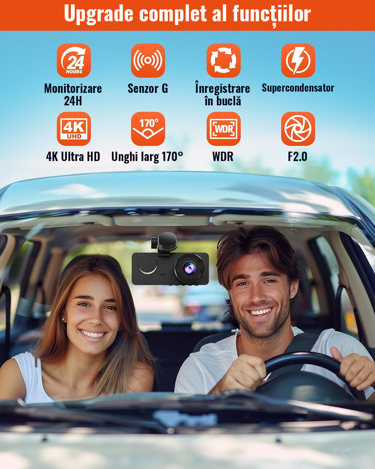 Cameră Auto DVR 3 Canale 4K + 1080P, Față, Interior și Spate, Ecran IPS 2", G-Sensor, Înregistrare în Buclă, Monitorizare Parcare 24H