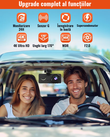 Cameră Auto DVR 3 Canale 4K + 1080P, Față, Interior și Spate, Ecran IPS 2", G-Sensor, Înregistrare în Buclă, Monitorizare Parcare 24H