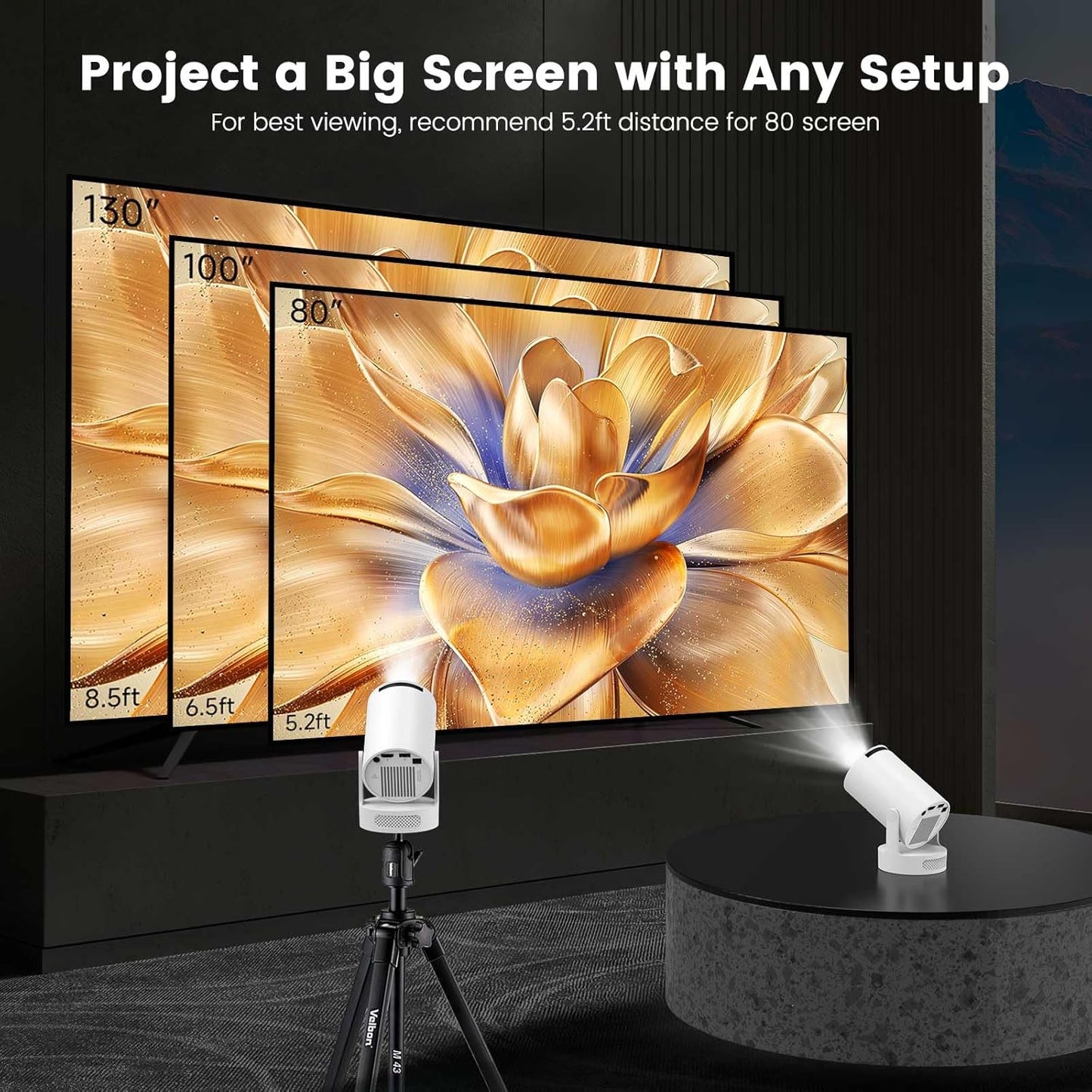 Mini Proiector Portabil Smart 4K, WiFi 6 și Bluetooth 5.4 — cu Aplicații Încorporate, Corecție Automată Keystone, Rotire 180°