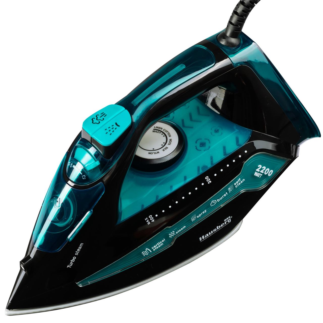 Fier de calcat Hausberg HB-7898NG, talpa ceramica, jet de abur 18g/min, Functie spray 2000-2300W, Negru/Albastru