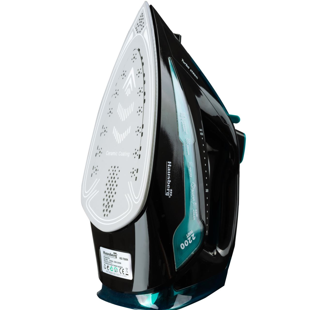 Fier de calcat Hausberg HB-7898NG, talpa ceramica, jet de abur 18g/min, Functie spray 2000-2300W, Negru/Albastru