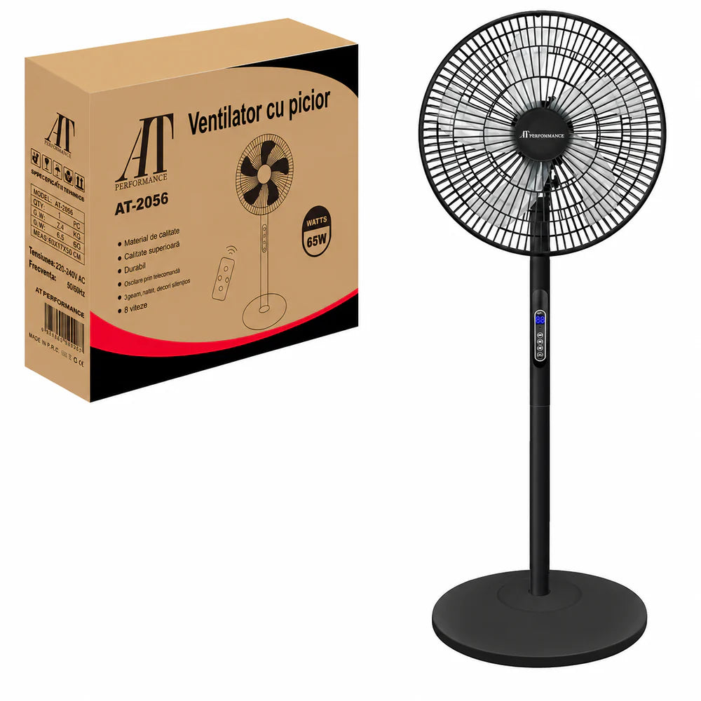 Ventilator cu Picior AT PERFORMANCE® AT-2056, 65W, Telecomandă, 8 Viteze, Oscilație, Display LED, Silentios