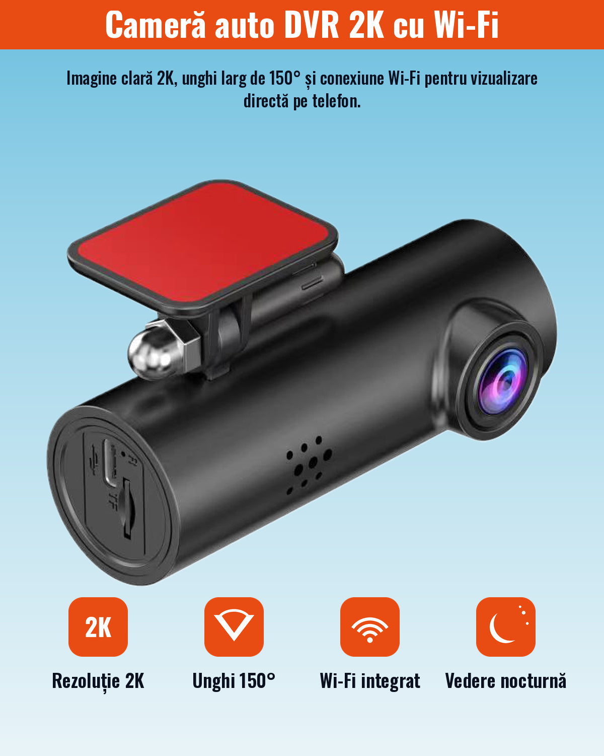 Cameră Auto DVR 2K cu Wi-Fi, Unghi 150°, Vedere Nocturnă și Senzor G