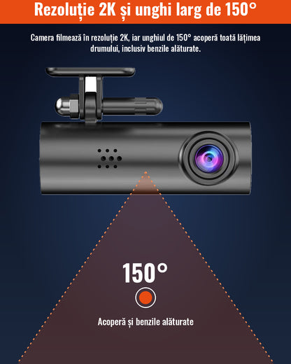 Cameră Auto DVR 2K cu Wi-Fi, Unghi 150°, Vedere Nocturnă și Senzor G