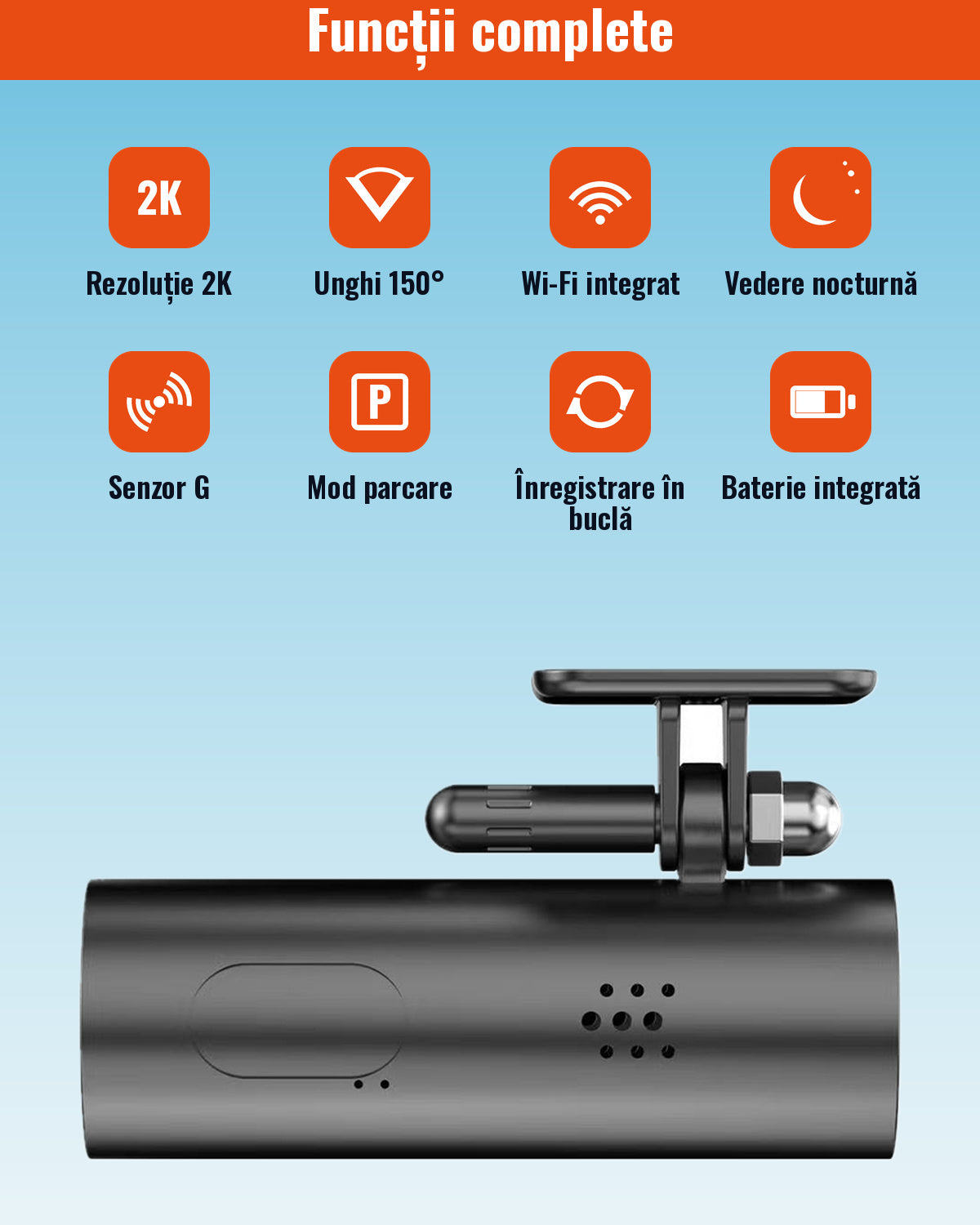 Cameră Auto DVR 2K cu Wi-Fi, Unghi 150°, Vedere Nocturnă și Senzor G