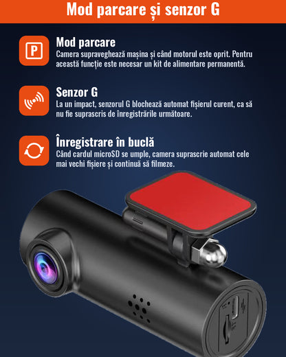 Cameră Auto DVR 2K cu Wi-Fi, Unghi 150°, Vedere Nocturnă și Senzor G