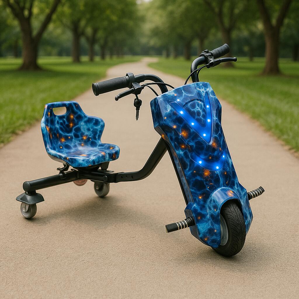 Tricicleta electrica drift Hausberg HB-KD05BL, 8 inch, motor 250-300W, 3 viteze, autonomie 10-15 km, viteza 15 km/h, albastru