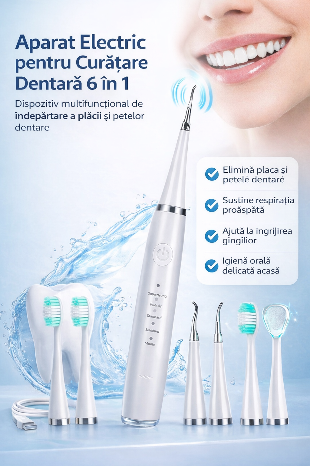 Viacare Curatator de dinti electric 6 in 1, dispozitiv cu ultrasunete pentru ingrijire orala pentru indepartarea placii bacteriene si a petelor de suprafata, alb